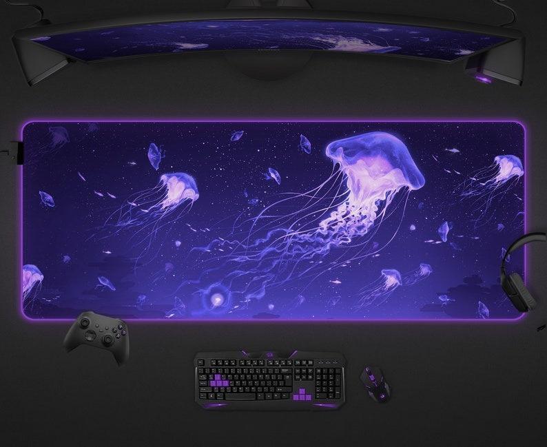Jellyfish Desk Mat Anime Aesthetic Mouse Pad Space Ocean Purple XXL Large Gaming Deskmat Rgb Led Light Glow Big Long Mousepad
