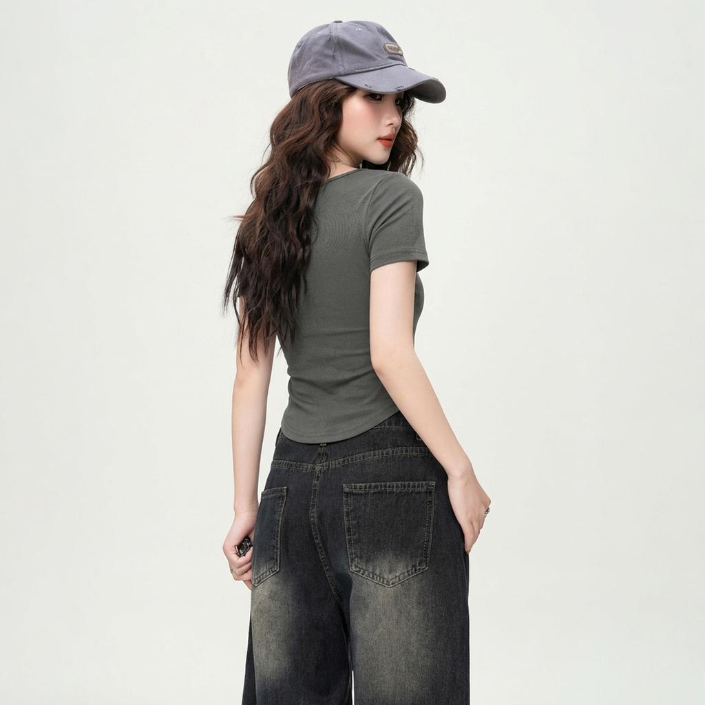 Irregular shoulder length short sleeved shirt with thickened inner lining, slim fit bottom T-shirt for upper garment