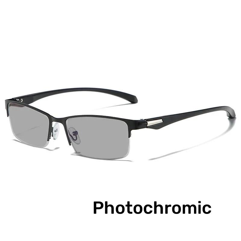 Business Metal Half Frame Photochromic Reading Glasses Anti-blue Light Far Sight Glasses Men High-definition Presbyopia Glasses