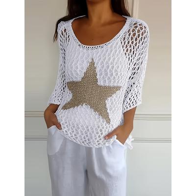Женский свитер, свободный ажурный вязаный кардиган со звездами, круглый вырез, рубашка от солнца, летний купальник, накидка