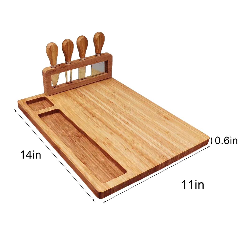 Bamboo Cheese Board Serving Tray Knife Set Kitchen Chopping Bread Cutting Holder 4-Piece Cheese Platter Cooking Tools