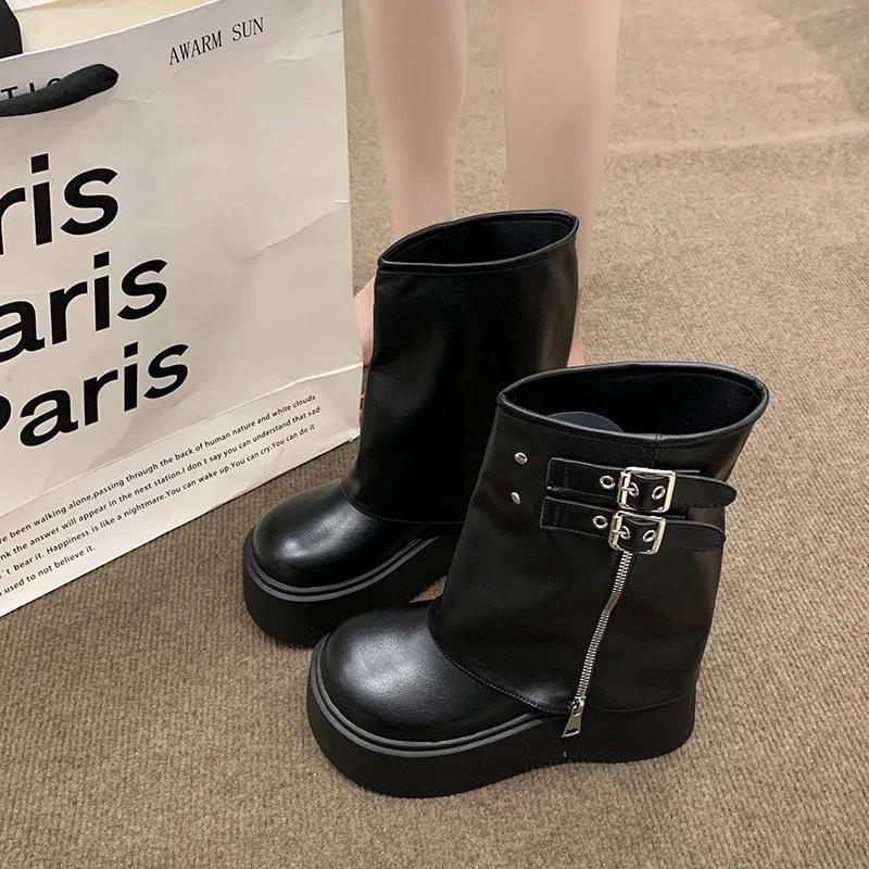 Модные женские туфли 2024 года, женские сапоги с пряжкой на ремне, модные современные сапоги с круглым носком, женские сапоги, горячая распродажа, сапоги до колена с толстой подошвой