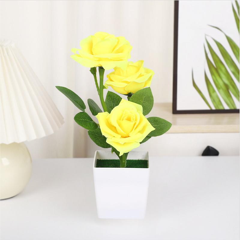 3 Head Artificial Rose Flower Bonsai Fake Plants Plastic Potted Plant Home Desktop Artificial Decor Living Room Ornament