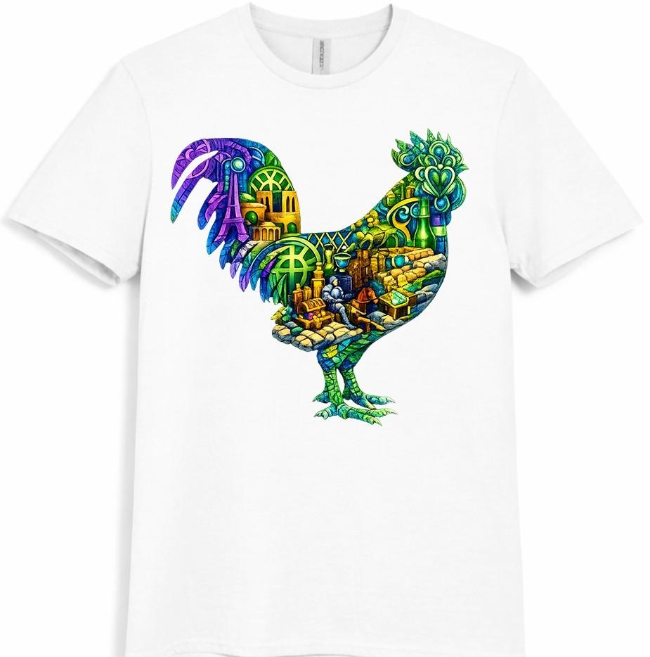 Rooster T-Shirt Colorful Chicken Graphic Tee Abstract Animal Art Gift Top