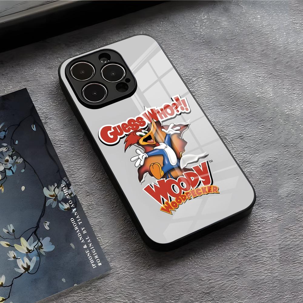 Чехол для телефона Дятел Вуди для iPhone 17 Air 16 E Pro Max 15 14 13 Mini 12 Pro 11 Max Plus Черная Стеклянная Крышка