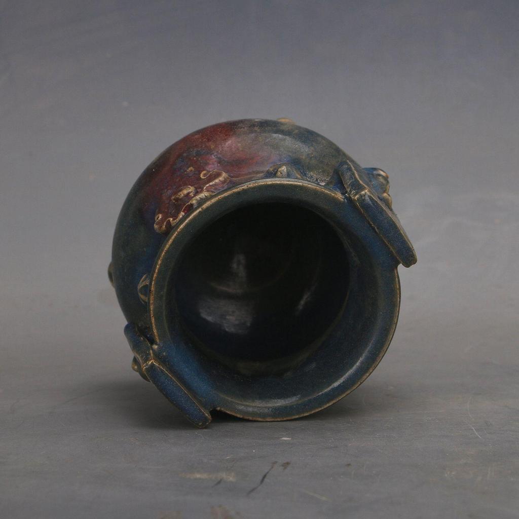 Blue Glaze Flower-Inlaid Triple-Legged Incense Burner - Double Ear Antique Display Piece