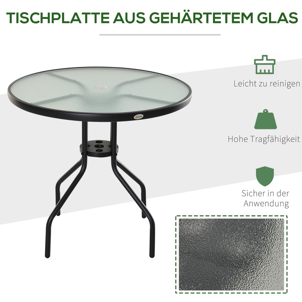 80 cm Black Round Garden Dining Table, Outdoor Coffee Bistro End Side Table with Tempered Glass Top and Steel Frame for Patio, Porch