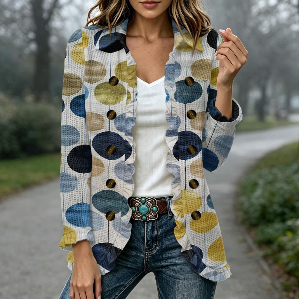 Women's Fashion Floral Print Long Sleeve Ruffled Open Front Cardigan for Everyday Casual Wear