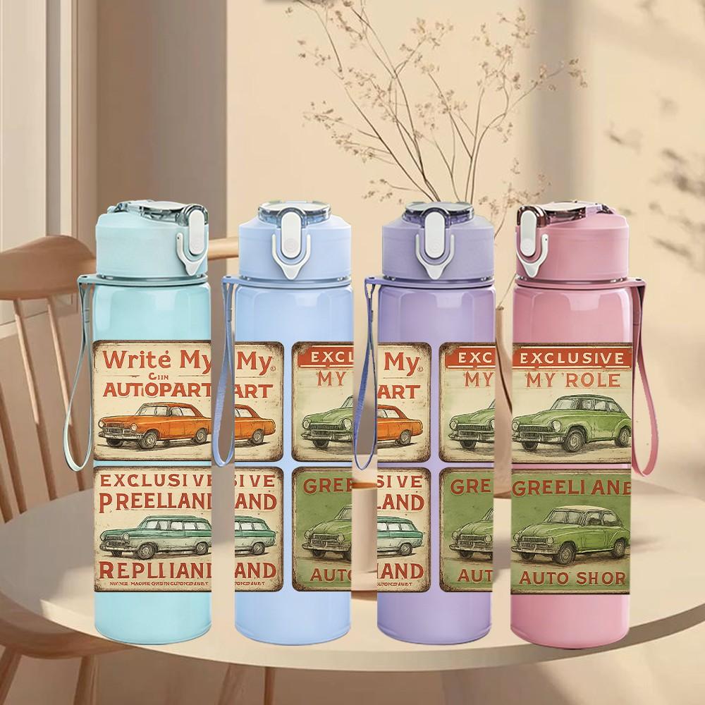 1PC Vintage Truck Sign Collage Print 750ml Color Plastic Sports Water Bottle Leakproof Flip Straw Lid For Sports Office Home Use