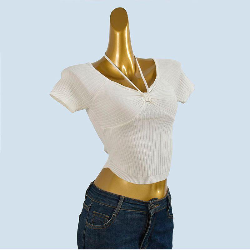 Pure Desire Sexy V Neck off-the-Shoulder Fancy Short-Sleeved T-shirt Women's Summer New Sexy Tight-Fitting Cinched Small Top