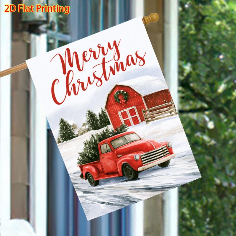 Winter Christmas, Red Truck And Pine Trees, Barn (1) FlagDouble-Sided Garden Flag Courtyard Decoration, Outdoor Decoration, Lawn Decoration, Flag Sole