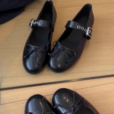 Версия из овчины~ кожаные балетки на плоской подошве с бантом и открытым верхом, женские, новые 2025, французские ретро туфли Мэри Джейн