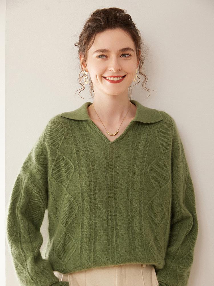 Women's Thick Three-Strand Twisted Cashmere Knit Sweater, Long Sleeve, Polo Collar, Loose Fit, Soft & Skin-Friendly.