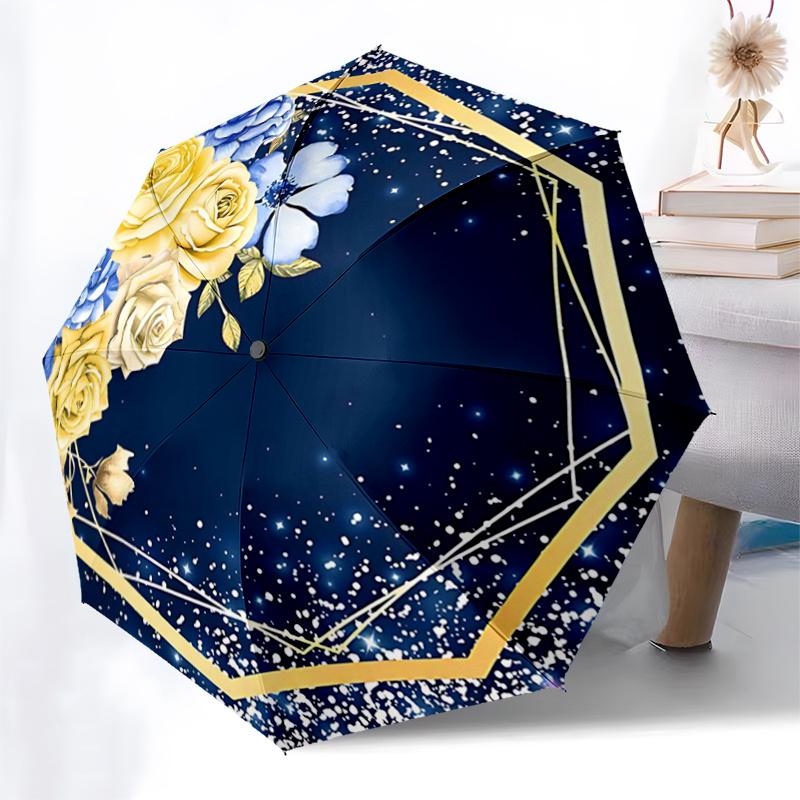 Golden Hexagon Frame with Blue and Yellow Flowers Auto Open Close Umbrella,Portable Tri Fold Design,8 Bone Iron Frame Outdoor Umbrella,