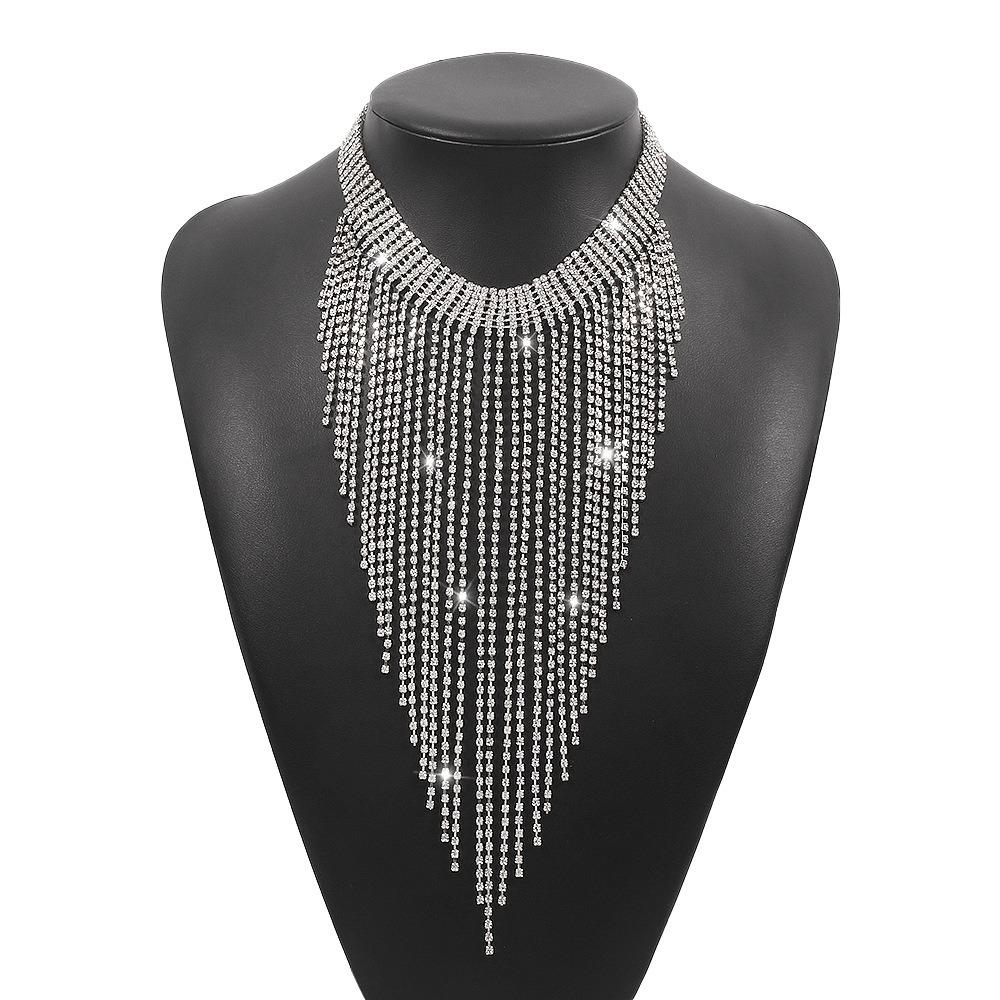Geometric Long Tassel Necklace Sparkling Clavicle Chain Sweet Full Rhinestone Necklace Women