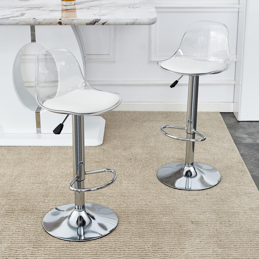 2-Pack Adjustable Bar Stools: Transparent Backrest + Silver Metal Legs, Height Adjustable from 82-104 cm, 360 degrees Rotation.