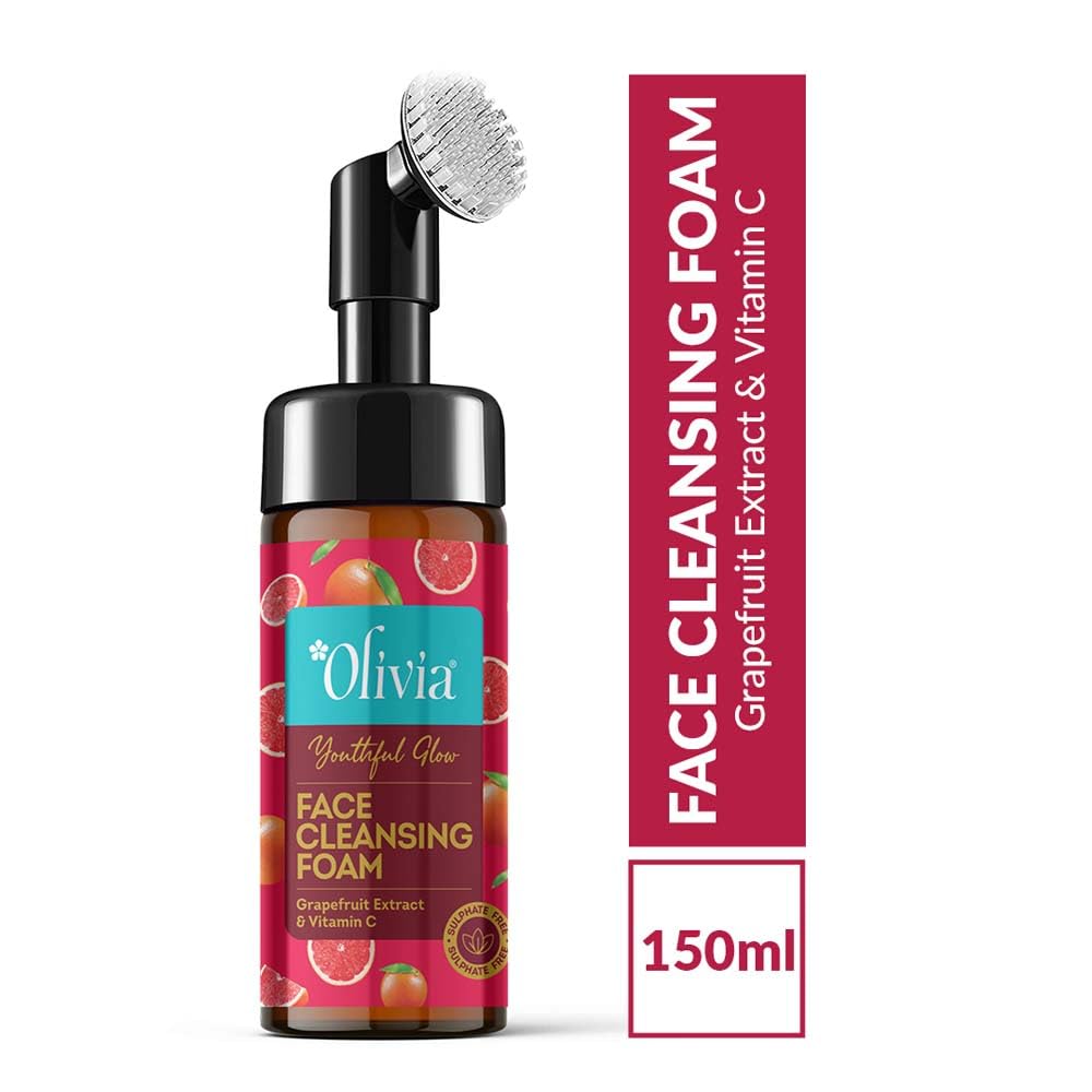 Очищающая пенка для лица Olivia Youthful Glow с экстрактом грейпфрута и витамином C | Встроенная силиконовая щеточка для глубокого очищения, отшелушивания и массажа |