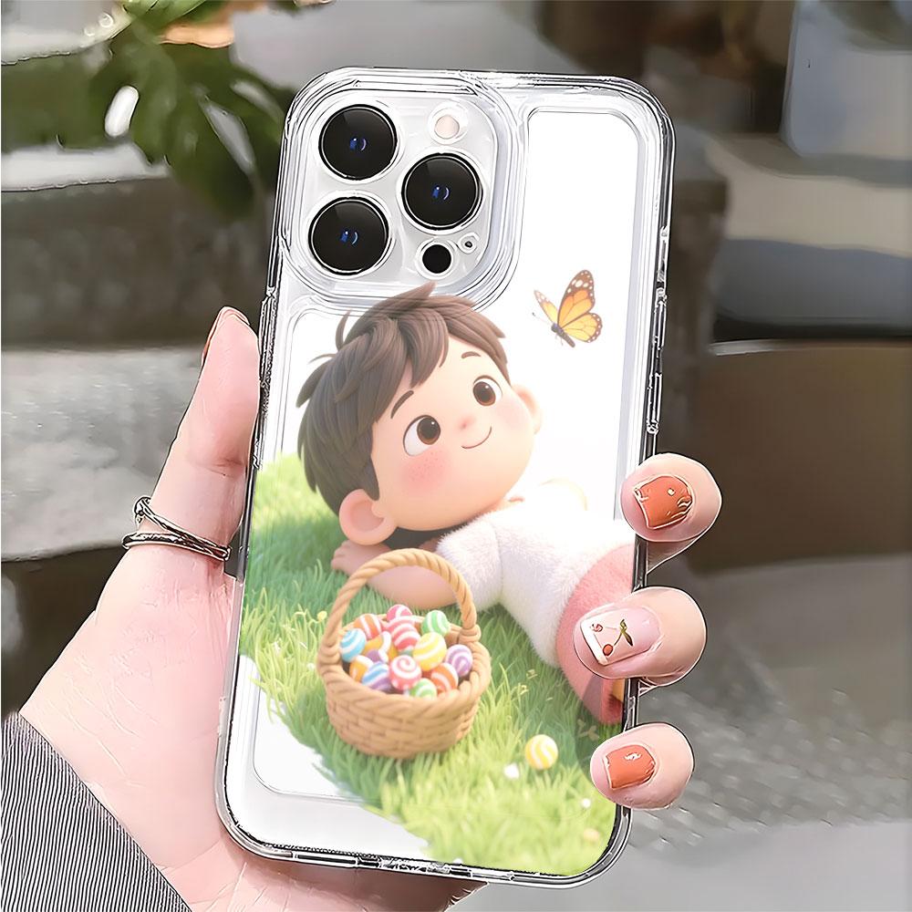 Мальчик на траве с корзиной конфет прозрачный чехол для телефона для IPhone 14 15 16 13 12 11 17 Pro Max 12 13 Mini мягкий чехол