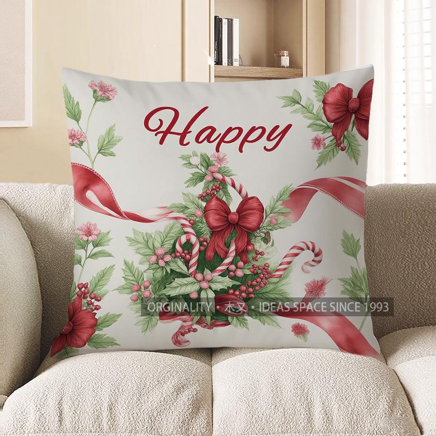 Home Decor Christmas Wreath With Candy Cane And Bow Pillow Pattern Cushion Cover Suitable For Sofa Bedroom Car Pillow Cover