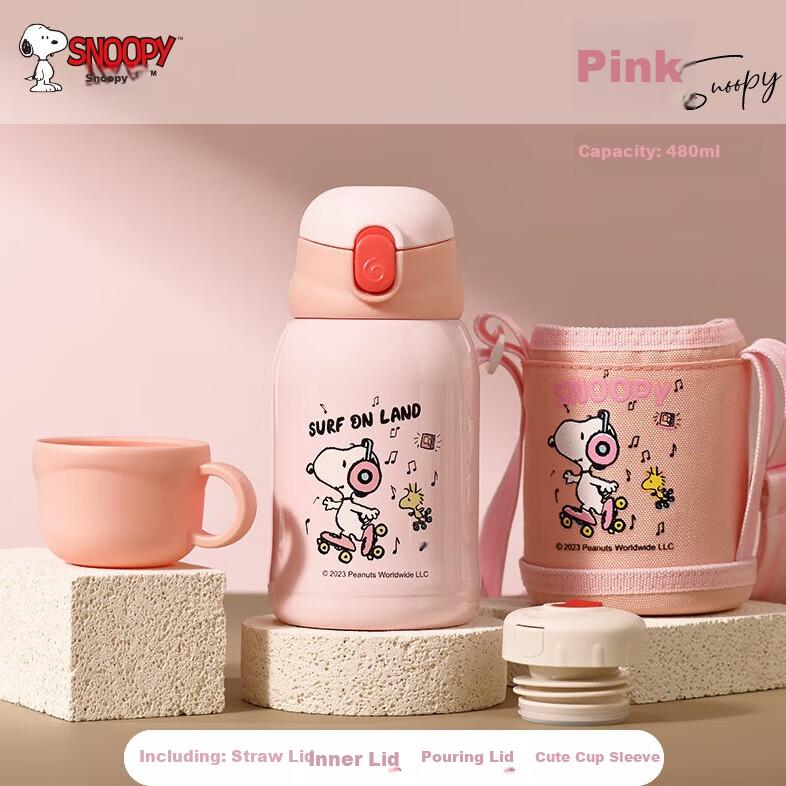 SNOOPY Insulated Cup, 316L Stainless Steel, Shockproof, Portable, with Straw And Direct Drinking, Dual Lid, Large Capacity Water Bottle