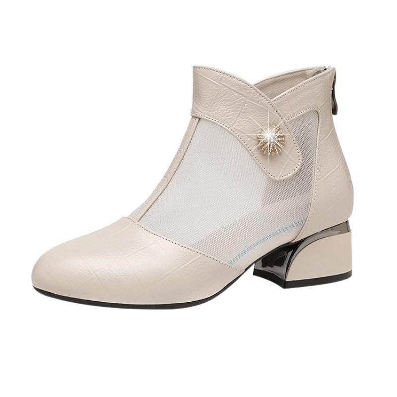 Женские сетчатые ботильоны с вырезами на массивном каблуке 2025 весна-лето дышащие кожаные ботильоны на среднем каблуке белые сандалии