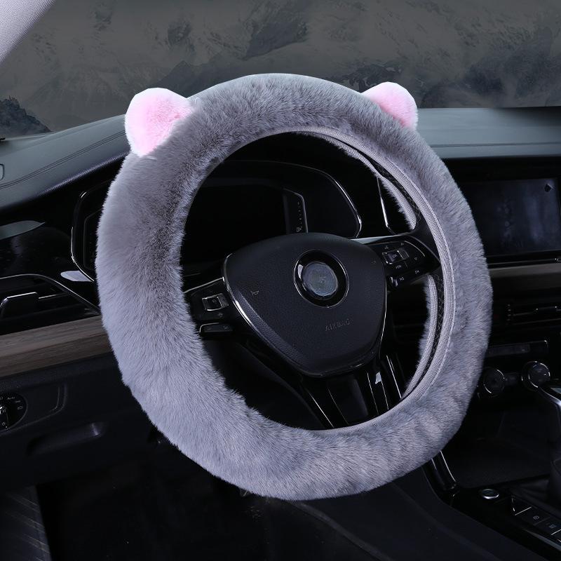 Чехол на руль автомобиля с искусственными ушками из меха кролика выдры, плюшевый чехол на ручку автомобиля, зимний теплый универсальный эластичный чехол на ручку автомобиля