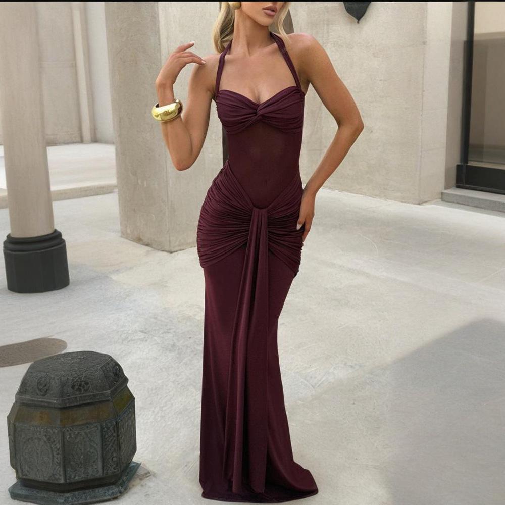 Элегантное женское длинное платье 2025 года с драпировкой на спине и облегающим бедра дизайном