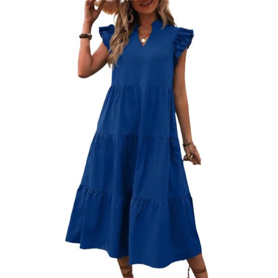Women Summer Dress V Neck Pure Color A-line Patchwork Big Hem Flying Sleeves Ruffle Pleated Dating Party Vacation Beach Midi Dress