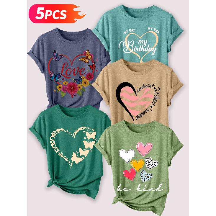 A sweet, romantic floral print featuring butterflies in a heart shape Five-piece set of women's short-sleeve tops Elegant summer clothing Essential