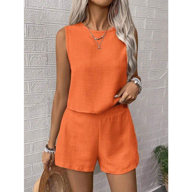 Ladies Solid Colour Sleeveless Vest Shorts Casual Fashion Two Piece Set
