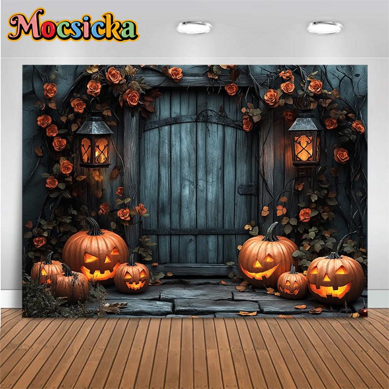 Mocsicka Хэллоуин Фон для Фотосъемки Розовый Серый Деревянный Дом Дверь Украшение Осенняя Тыква Вечеринка Фото Фон Студийный Баннер