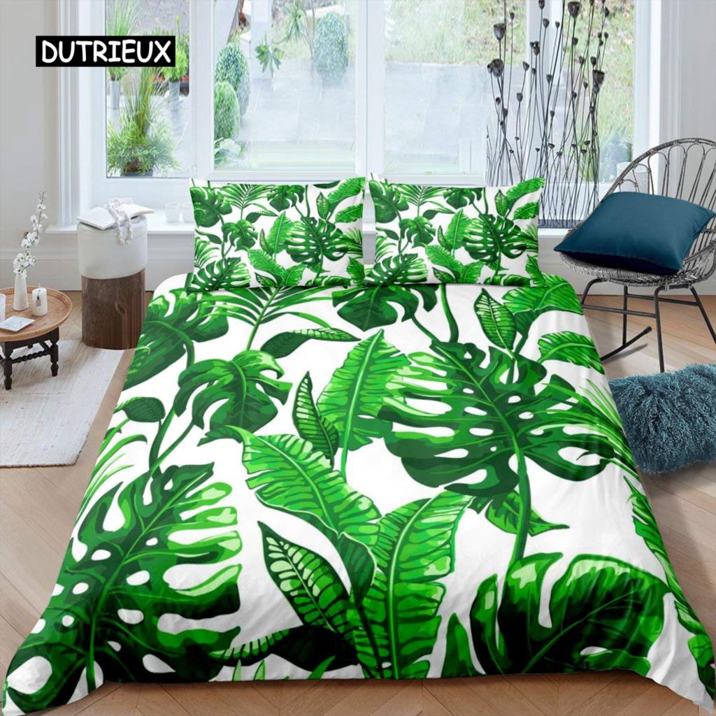 Leaf Duvet Cover Set Romantic Holiday Island Hawaiian Banana Trees Bedding Set Double Queen King Full Size Polyester Qulit Cover