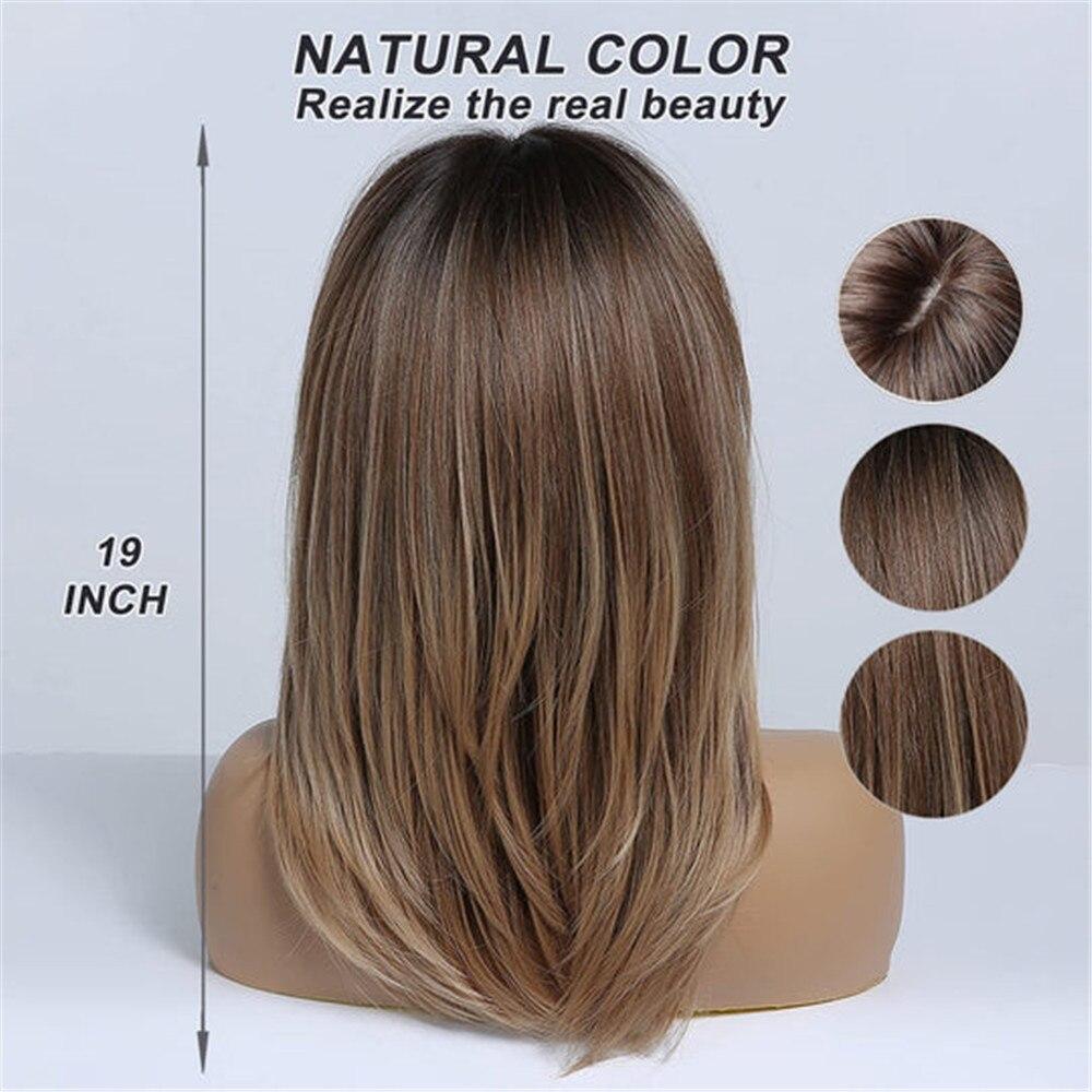 ALAN EATON Коричневый многослойный синтетический парик средней длины, прямые парики с омбре для женщин с челкой для повседневного использования, мягкие термостойкие волосы