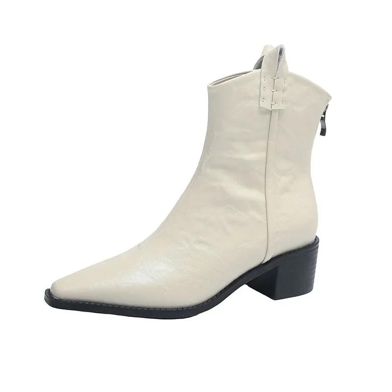 Fashion Women Fashion Chunky Heel Ankle Boots Fashion Solid Color Design Booties Women Autumn New Pointy Cowboy Boots Soft Leather Shoes