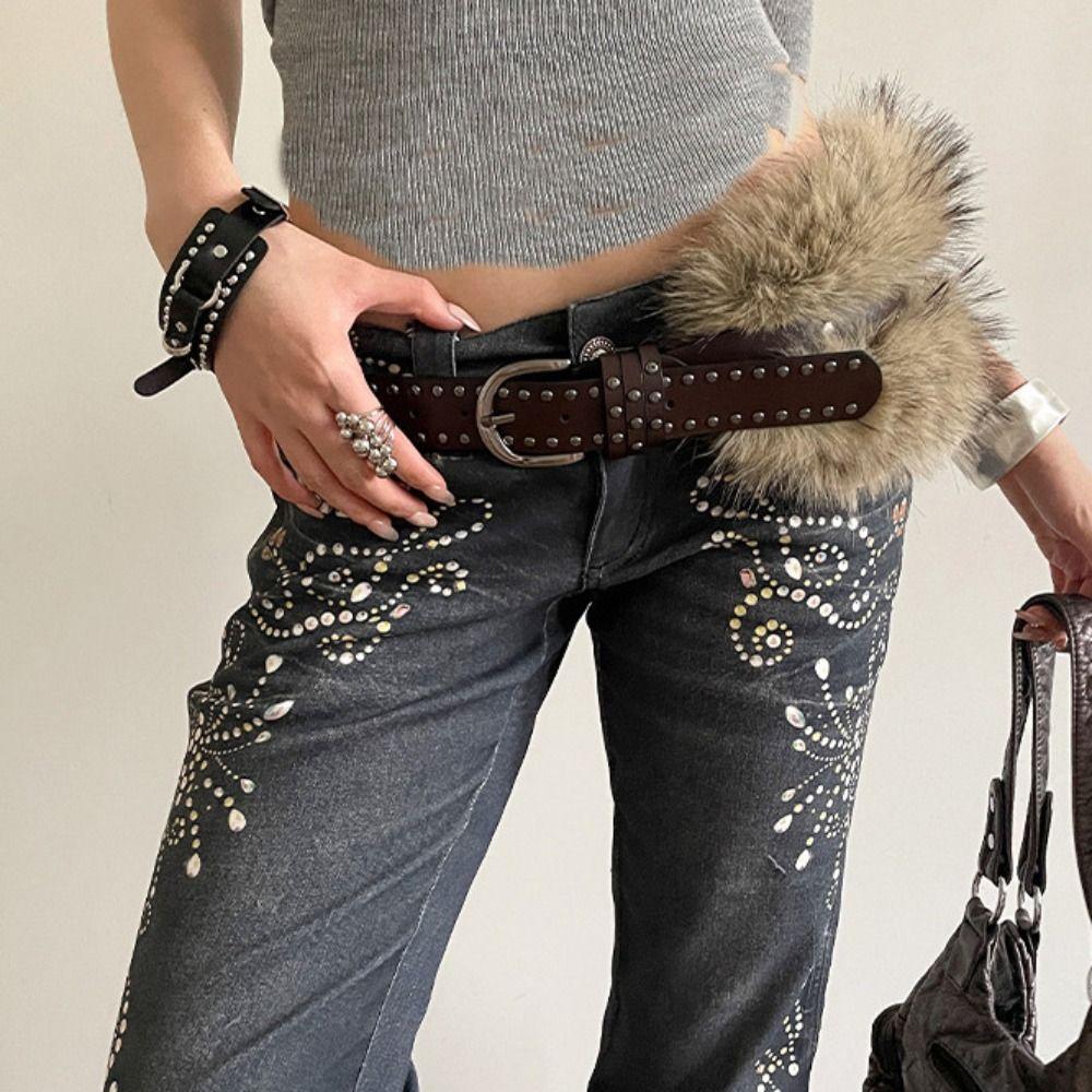 Western Style Y2K Waistband Rivet Plush Belt Simple Leather Fur Belt  Daily