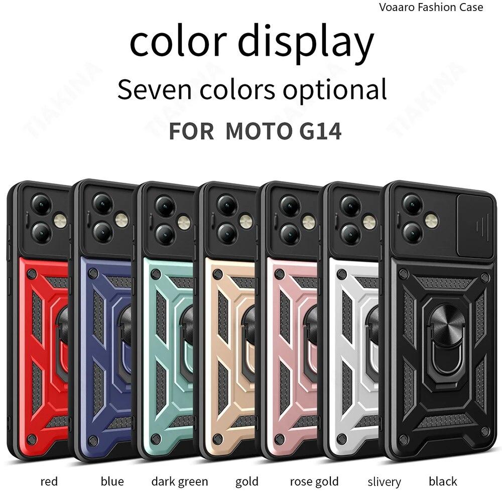 For Motorola Moto G14 4G G54 G84 5G Slide Lens Camera Protection Shockproof Armor Case for Moto Edge 40 Pro Neo 30 Ultra Magnetic Ring Holder Cover
