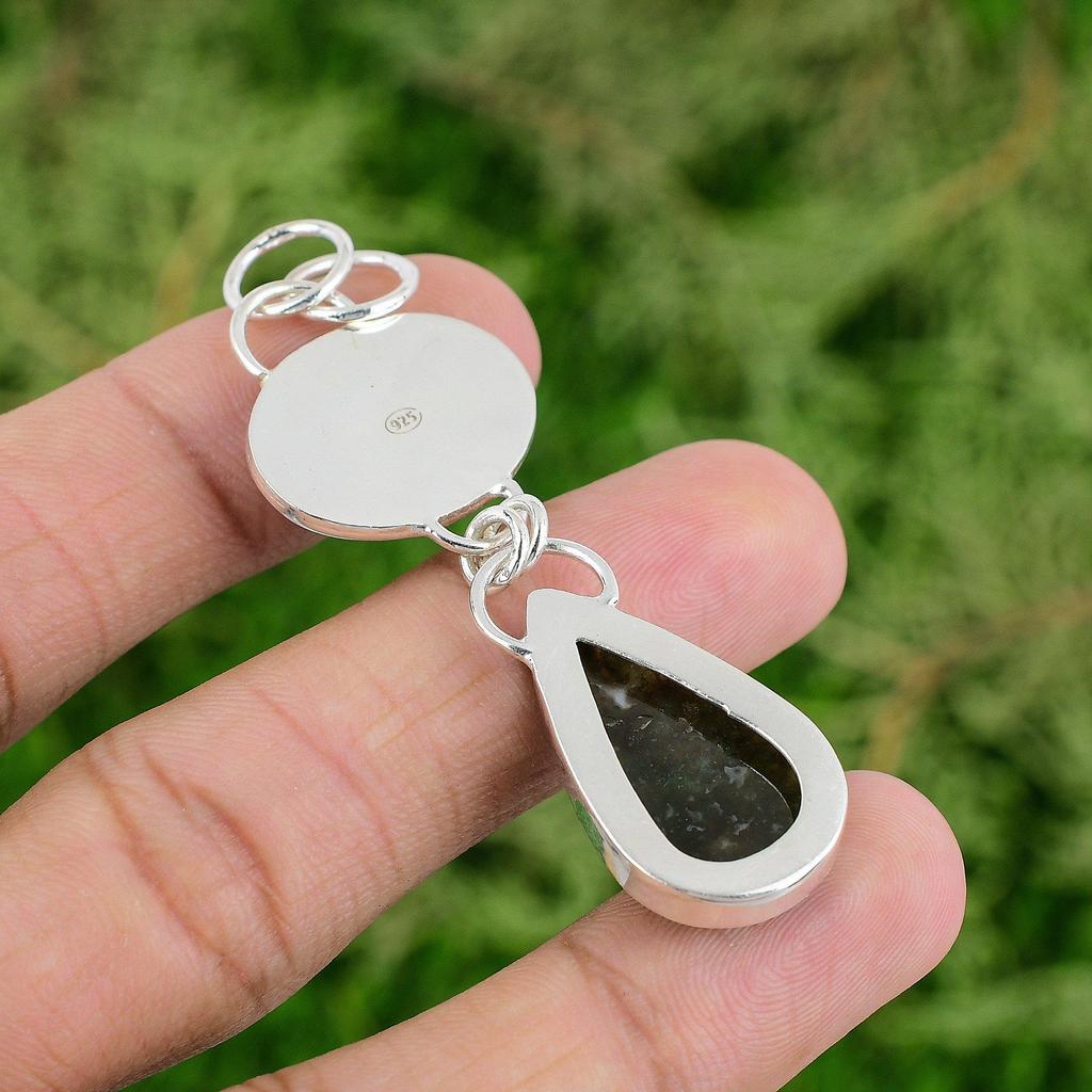 Daughters Day Deal Pear Solar Moss Agate Gemstone 925 Sterling Silver Pendant