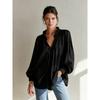 Womens Loose V-Neck Ruffled Puff Sleeve Shirt Top 2026 Fall Casual Oversized Blouse