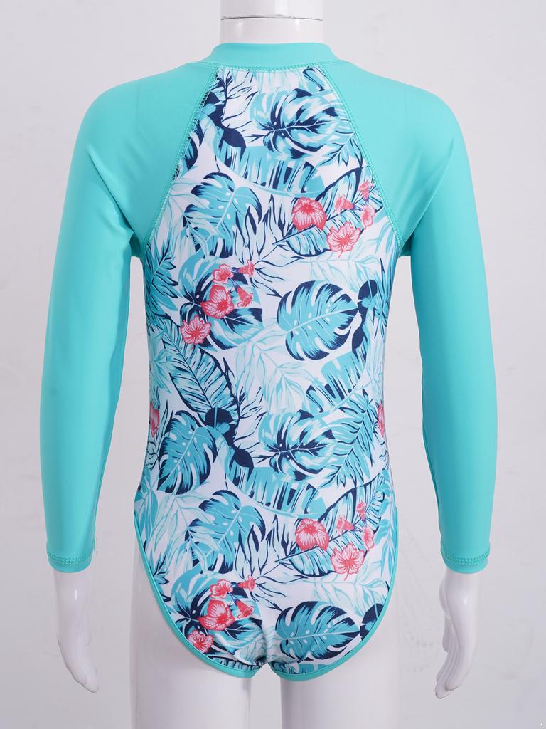 Детский купальник для девочек, купальный костюм на молнии с длинными рукавами и принтом пальм, купальный костюм, боди, пляжная одежда