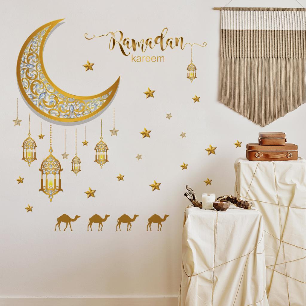 Ramadan Wall Stickers Moon Star Lantern Ornaments Wall Decals Ramadan Decoration For Home 2023 Islamic Muslim Mural Eid Mubarak