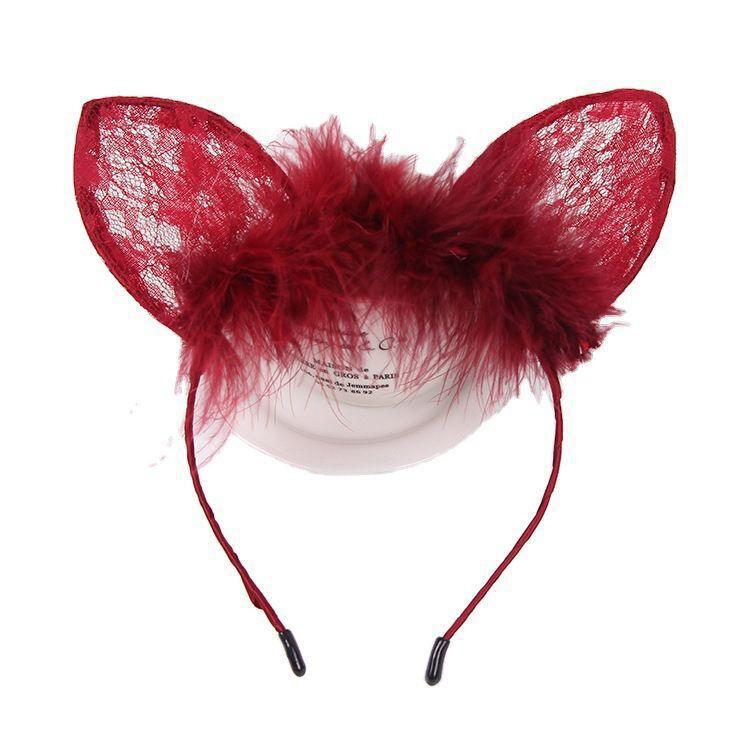 Black Lace Cat Ears Headband with Feather, Halloween Cosplay Hair Accessory for Women