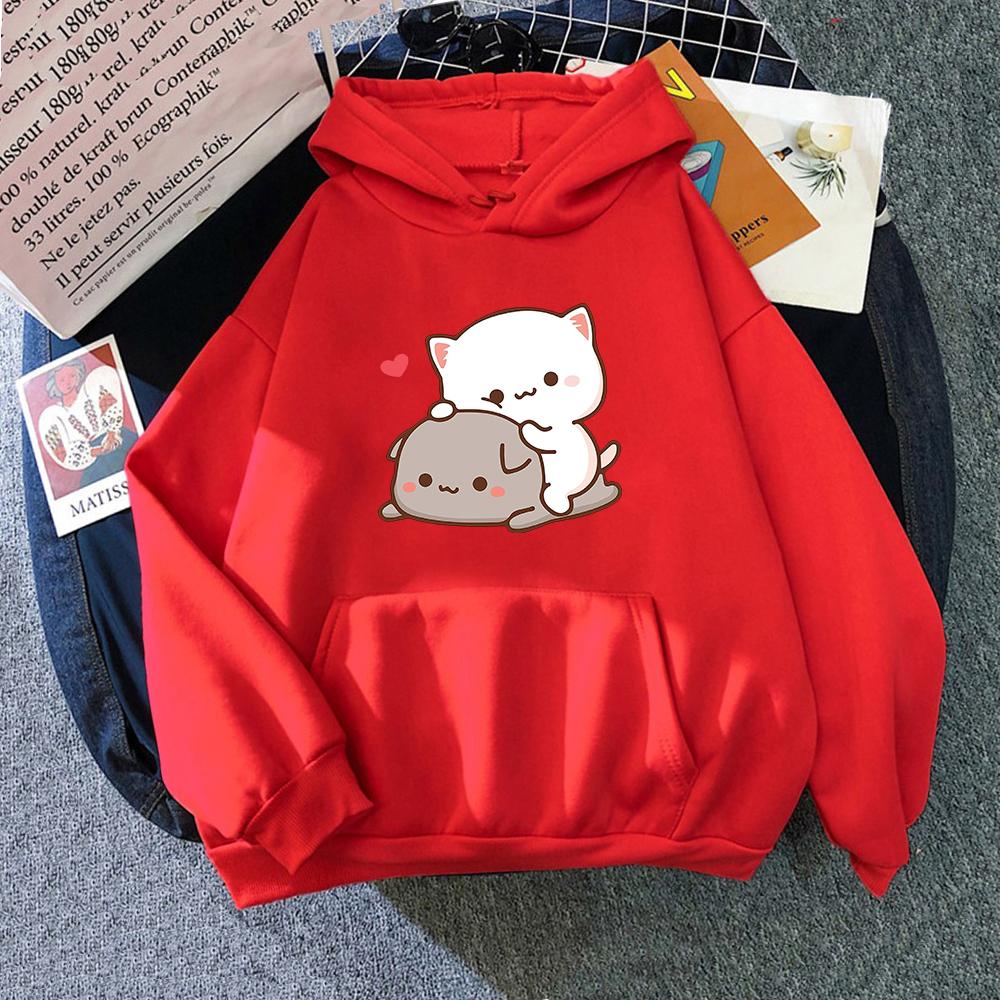 Harajuku Rubber And Peach Cat Женская толстовка с капюшоном больших размеров с длинным рукавом Свободная повседневная уличная одежда для девушек Корейская одежда для пар