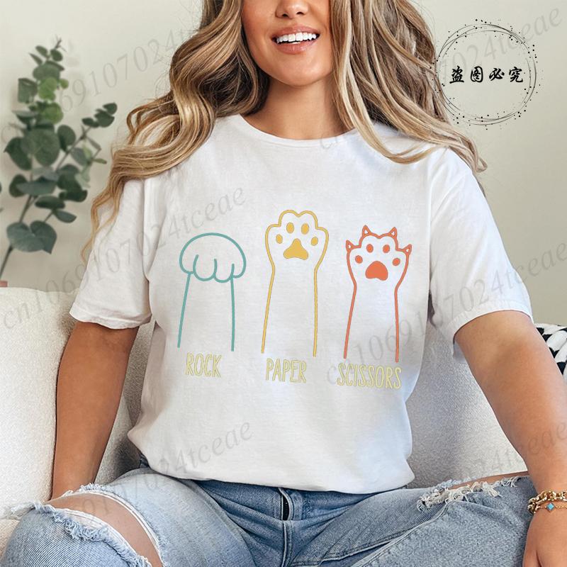 Rock Paper Scissors Tshirt Funny Cat Paw Print T-Shirt Summer Fashion Cat Lover Tshirt Women Men Short Sleeve Tee Shirt Clothing