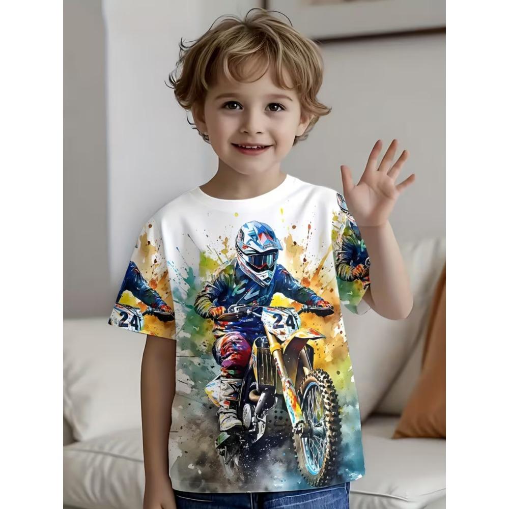 Funny Motorcycle Rider Print Kids Short Sleeves T-Shirt Loose Casual Summer Outdoor Street Boy and Girl Tees Tops