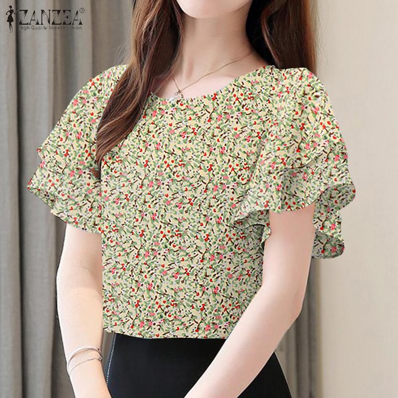 ZANZEA Женская летняя повседневная блузка с цветочным принтом и коротким рукавом