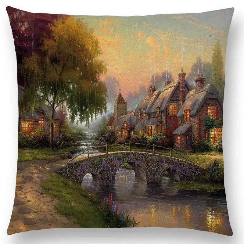 Домашний декор деревенская картина маслом чехол для подушки красивый пейзаж замок маяк диван подушка спальня