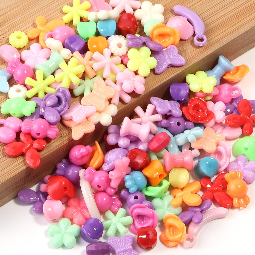 50pcs/lot Mixed Color Plastic Beads Butterfly Snowflake Candy Shaped Loose Beads For DIY Bracelet Earrings Accessories Wholesale