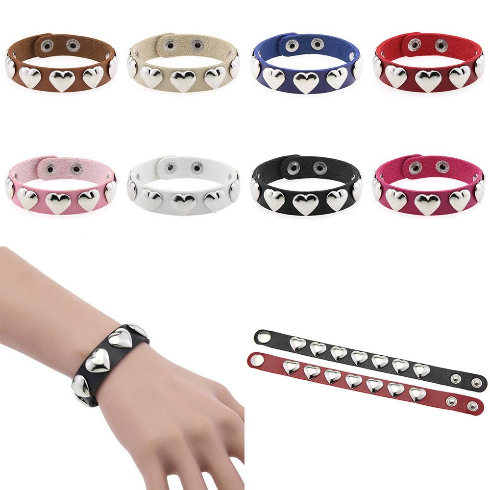 Gothic Punk Heart Stud PU Leather Bracelet, Adjustable Stainless Steel Snap Wrist Cuff Unisex Couple Wristband