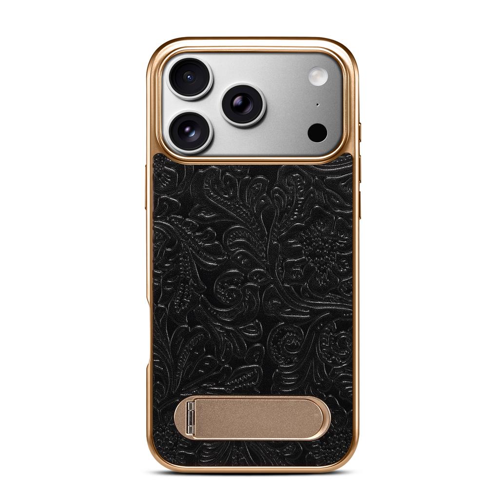 Tang Flower Design Genuine Cowhide Leather Phone Case for iPhone 17 Pro Max 17Air 16 15 14 13 Pro Magnetic Invisible Stand Cover