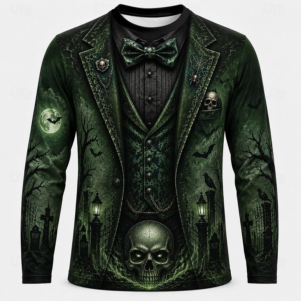 Fashionable Men's Autumn Halloween Skull Long Sleeve T-shirt 3D Print Crew Neck Breathable Top Daily Simple Comfortable Soft Loose Versatile T-Shirts
